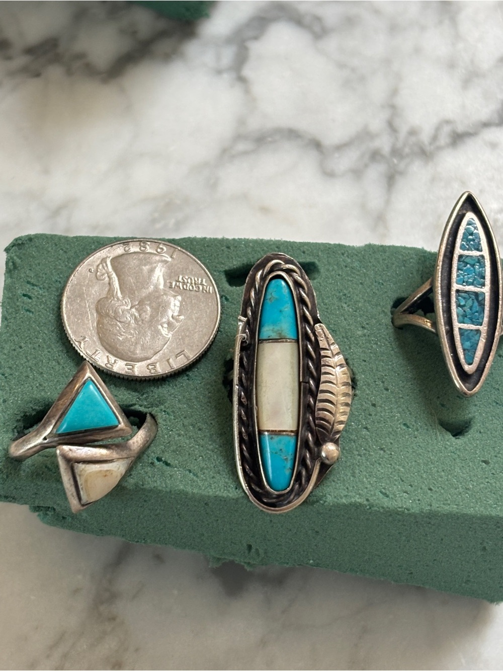 Sterling Silver Turquoise and Mother of Pearl Inlay Statement Ring - Blue